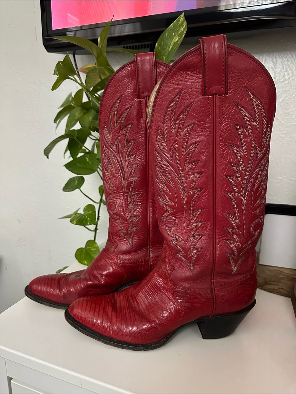 Justin Boots Red Leather Cowboy Boots with Embroidered Shaft